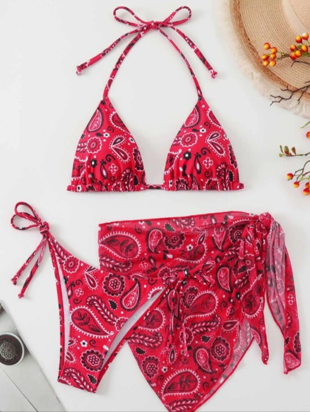 Red Paisley Triangle Bikini Set with Sarong